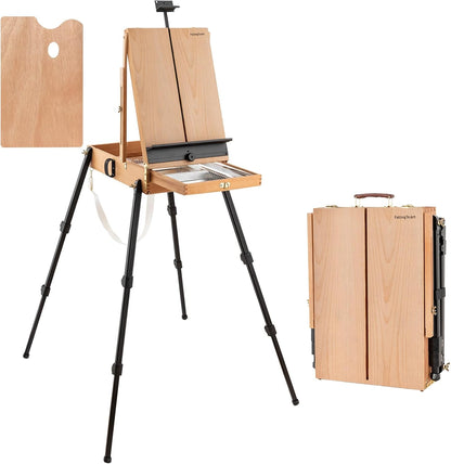 Falling in Art Light Weight French Style Field and Sketchebox Easel with Aluminum Tripod, Adjustable Beechwood Tripod Standing Easel with Drawer, Palette