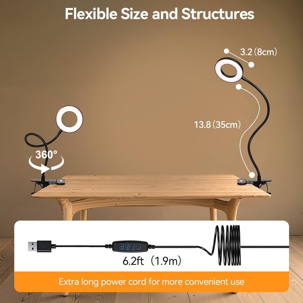 Skymore Clip on Light -3 Color Modes&10 Brightness LED Reading Desk Light with Clamp Flexible Gooseneck Book Light for Kids' Bedtime Reading, Zoom Meetings, Clip on Table, Headboard, Dorm&Office Use