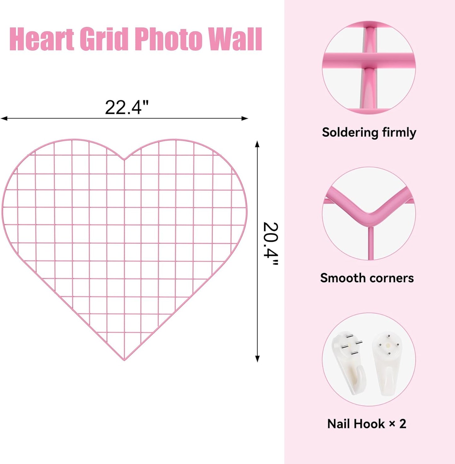 ECLENYES Grid Photo Wall Panels - 22.4"x20.4" Heart Shape Iron Rack Art Wire Board, Wall Grid Organizer, DIY Photo Frame for Home, Office, Kitchen, Bedroom, Christmas Gifts - Pink