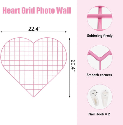 ECLENYES Grid Photo Wall Panels - 22.4"x20.4" Heart Shape Iron Rack Art Wire Board, Wall Grid Organizer, DIY Photo Frame for Home, Office, Kitchen, Bedroom, Christmas Gifts - Pink