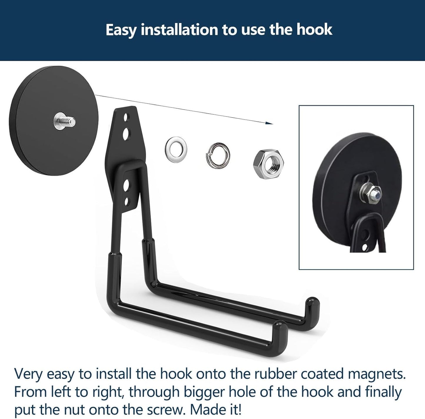 Heavy Duty Magnetic Hooks, Super Strong Garage Magnet Hooks, Magnetic Cable/Tool Holder with Anti-Slip Coating for Horse Trailer, Indoor & Outdoor Hanging Strong Black Magnetic Hook(4Pack)