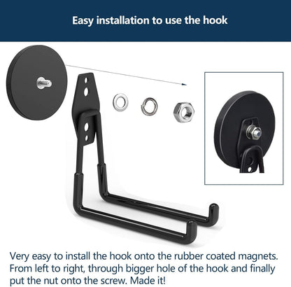 Heavy Duty Magnetic Hooks, Super Strong Garage Magnet Hooks, Magnetic Cable/Tool Holder with Anti-Slip Coating for Horse Trailer, Indoor & Outdoor Hanging Strong Black Magnetic Hook(4Pack)