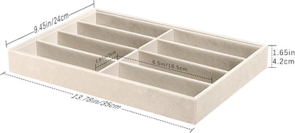 Emibele Glasses Organizer Jewelry Tray, 8 Grids with Clear Lid Velvet Tray Watch Storage Stackable Jewelry Showcase Display Storage with Detachable Inner Dividers, Beige