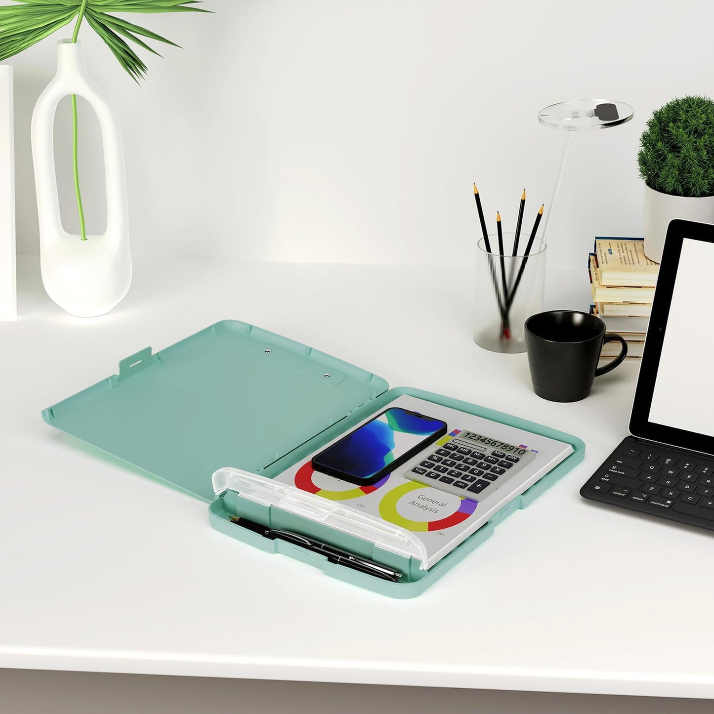 Piasoenc Clipboard with Storage, 8.5 x 11 Organization Box with Pen Holder and A4 Legal Paper Folder, Folio & Side-Opening, Low Profile Clip,for Nurses,Teachers, Size 14 x 9.6 x 1.2 in, Black