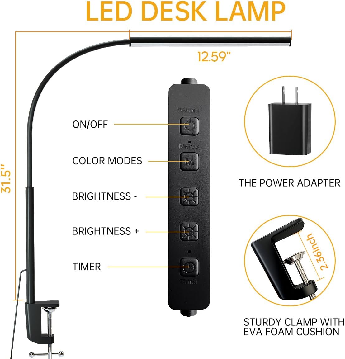 LED Desk Lamp with Clamp, Eye-Protection Clip on Desk Lamp, 5 Modes 10 Brightness Adjustment, 360°Flexible Gooseneck Lamp for Home Office ，Lights with USB Adapter (Black, Mini)