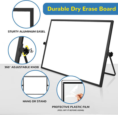 Dry Erase White Board, 16inX12in Large Magnetic Desktop Whiteboard with Stand, 10 Markers, 4 Magnets, 1 Eraser, Portable Double-Sided White Board Easel for Memo to Do List Desk Office