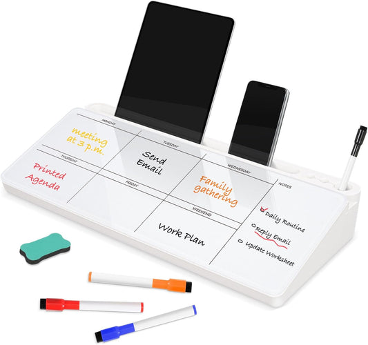 DOLLAR BOSS Glass Desk Whiteboard Calendar Small Dry Erase Board Desktop White Board with Storage Drawer Computer Keyboard Stand Desk Organizer, Colorful Weekly Calendar, Black