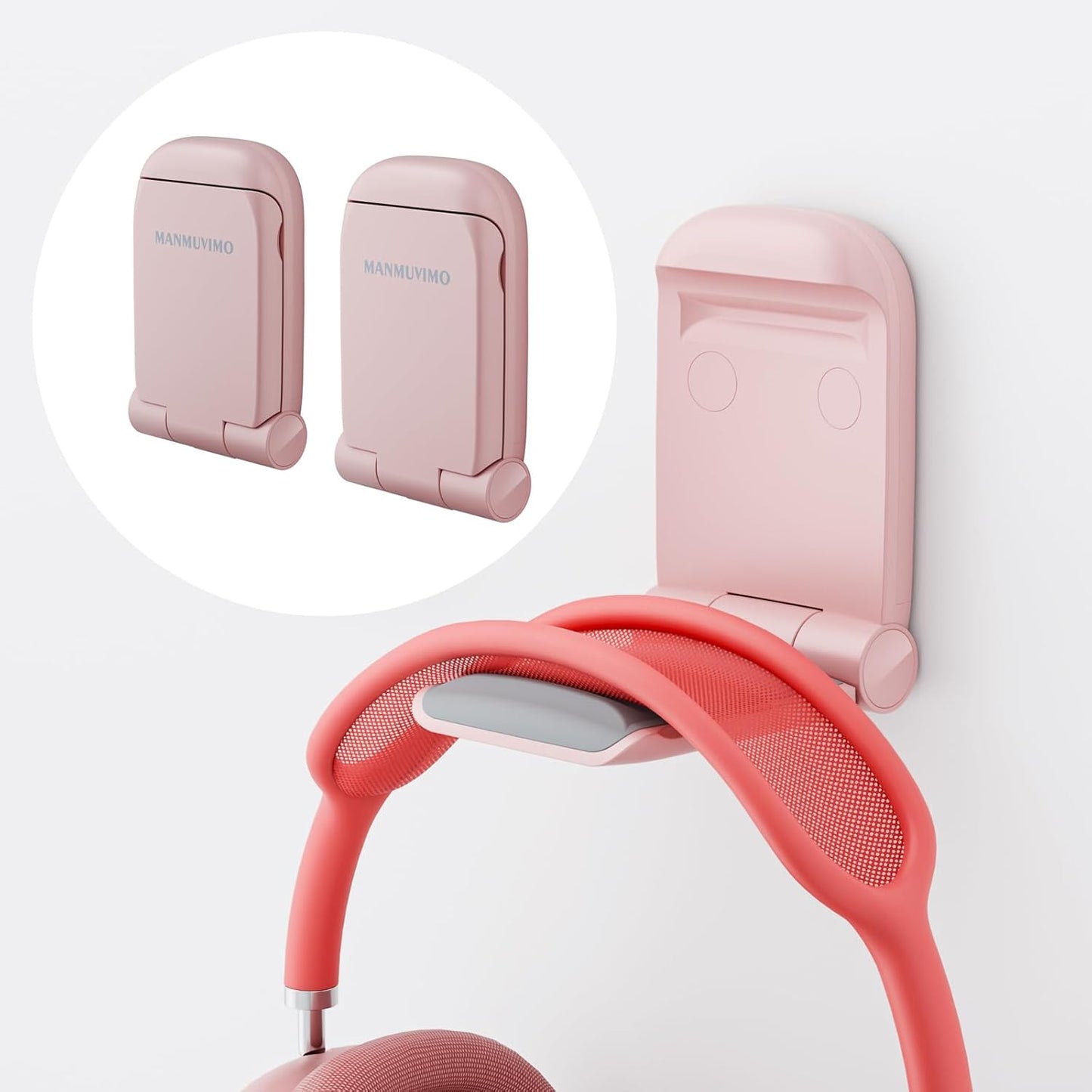 MAMUVIMO Headphone Stand, Headset Stand Foldable ＆ Sticky, Headphone Holder Hook Mount with Non-Slip Silicone, Adhesive Earphone Desk Hanger Clip Space-Saving for Airpods Max, All Earphones- Pink