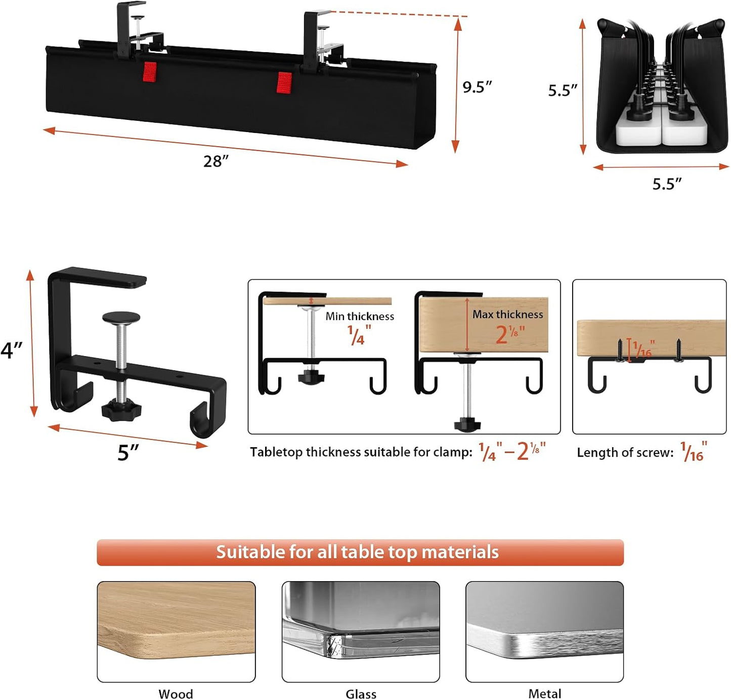 Univivi No Drill Under Desk Cable Management Tray, 36" Cord Organizer for Table, Clamp/Screw Mount Desk Cable Management, Premium Fabric Cable Management Tray for Office, Home