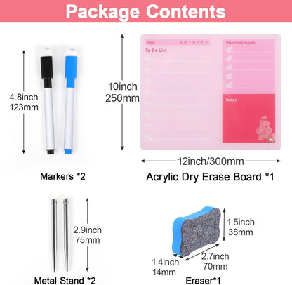 LeMotech Desktop Acrylic Dry Erase Board, 12x10 inches to-Do List Planner, Tabletop Whiteboard with Stand Office Supplies Includes 2 Markers & 1 Eraser, Pink Rose Pattern, 1 Pack