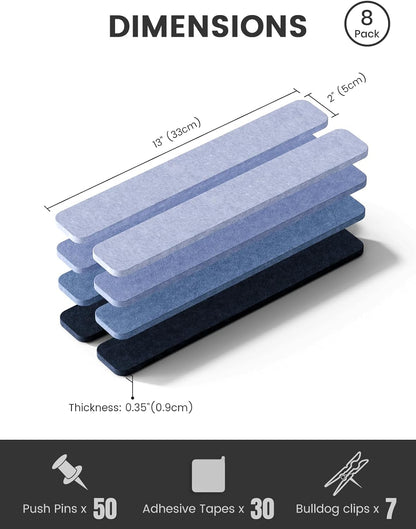 Fluxynara Cork Board Alternative Felt Strip Board 8-Pack 13"x2", Office Pin Board with 50 Push Pins, Adhesive Install for Bedroom Door & Home Office(Linen Dusk)