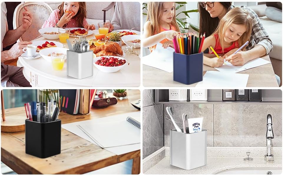 RQB Metal Pen Holder for Desk Square Aluminum Desktop Organizer and Makeup Brush Holder Storage Box for Office, School, Home, and Kids, Non-slip silicone 4×3.15inch-Gray
