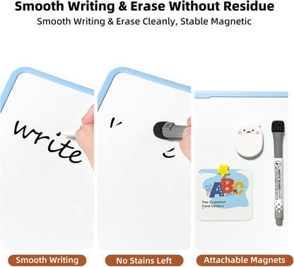 Colorful Dry Erase White Board 8.3x11in, Magnetic Desktop Board with Stand, 2 Markers (Eraser Head), 4 Magnets - Double-Sided Easel for Daily Planning, Memo, Office/Home/School (Blue)