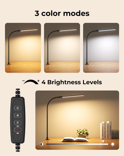 Desk Lamp with Clamp, Eye Caring LED Desk Lamp for Home Office with Gooseneck, Clip on Light with 3 Color Modes for Working, Reading, Drawing