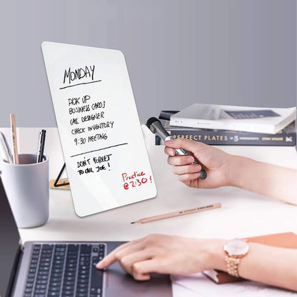 Glass White Board with Stand,Magnetic Mini Dry Erase Board for Desk,Small Desktop Whiteboard with Solid Wood Bracket