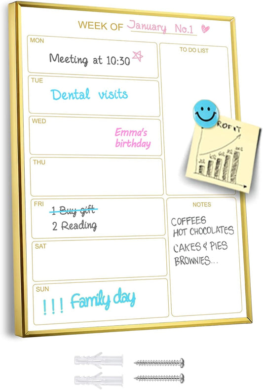 Weekly Dry Erase Whiteboard Calendar, 14.2"x10.2" Magnetic Surface Memo Board, Minimal Design Weekly Planner for Wall, Goledn Frame Dry Erase Board for Office School Home(ZLBB-S-AL-2636)