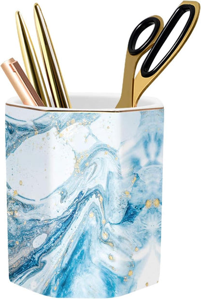 Pen Holder, Pencil Holder for Desk, Marble Desk Organizer Cute, Durable Ceramic Pencil Cup, Decorative Makeup Brush Holder Cup, Stationery Holder for Office, Home, Gray Marble
