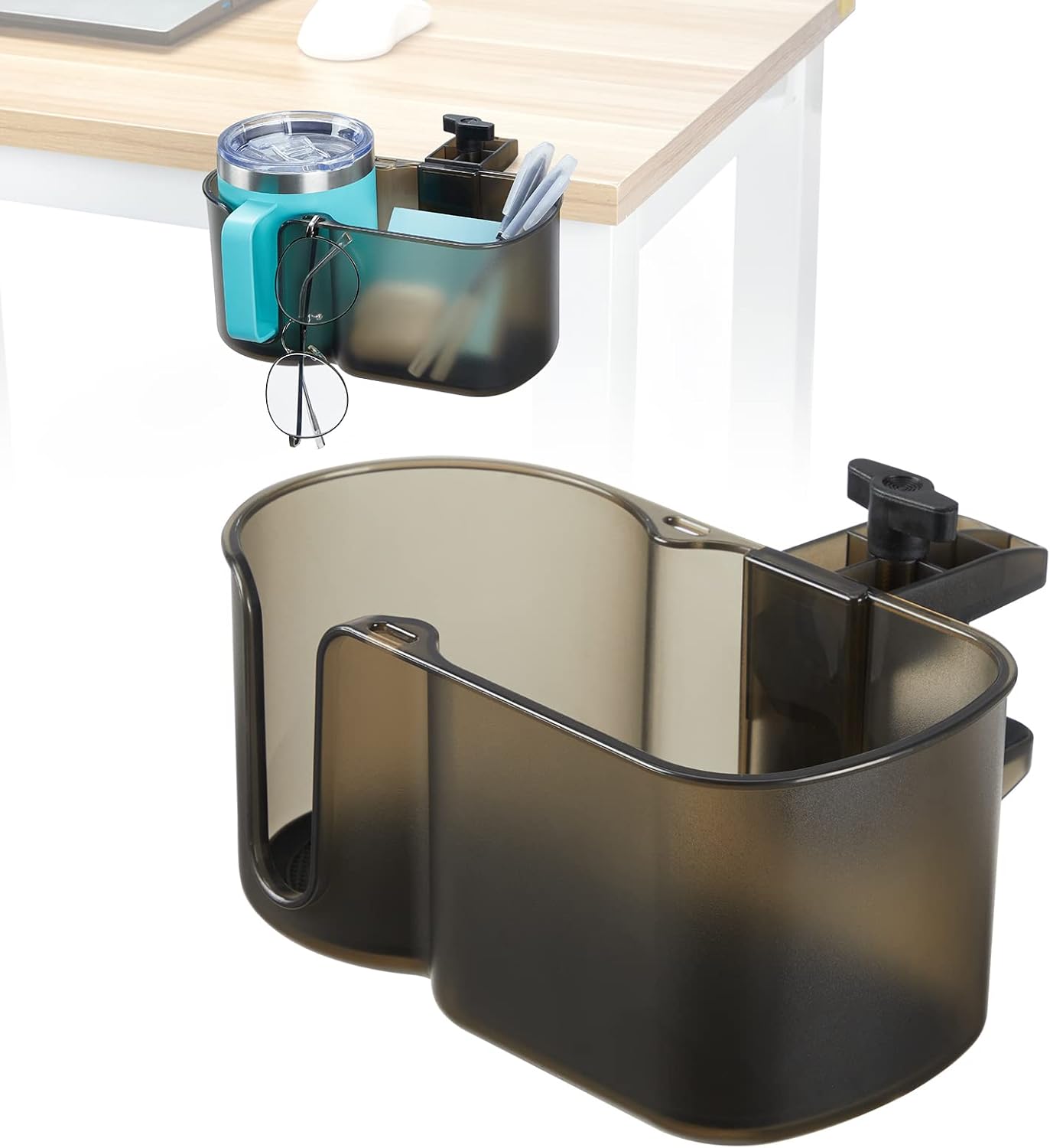 KEMIMOTO Desk Cup Holder, Caddy Organizer for Office Table, Lawn Chair, Golf Cart, Pontoon Boat, Suitable for Most 18-32 oz Bottles, Black