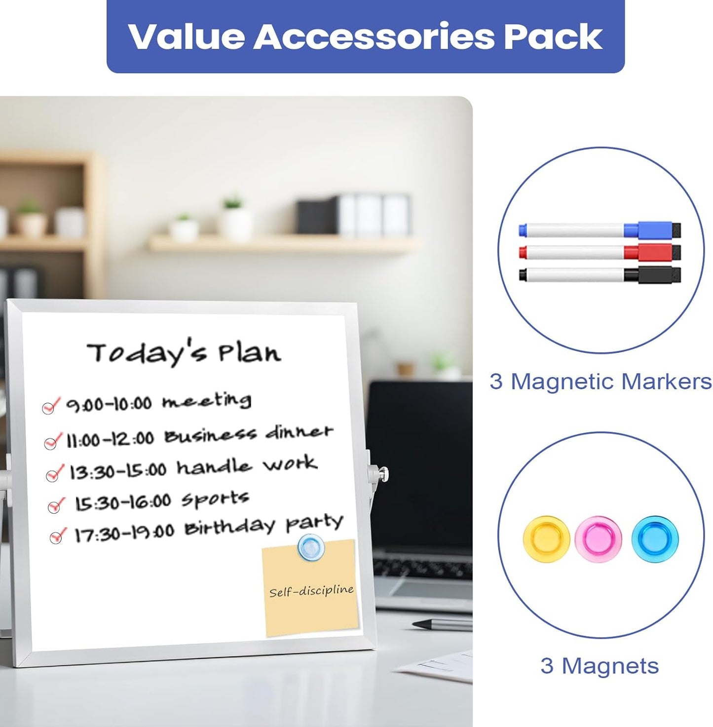Desktop Whiteboard with Stand, 16" x 12" Double-Sided Dry Erase Board with Stand, Portable Stand White Board for Office, Home, School