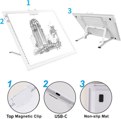 A4 Wireless LED Light Pad with Carry Bag, Innovative Stand and Top Clip, TOHETO Rechargeable Light Box Stepless Dimmable and 6 Levels Brightness Cordless Light Board for Tracing Weeding Vinyl (Black)