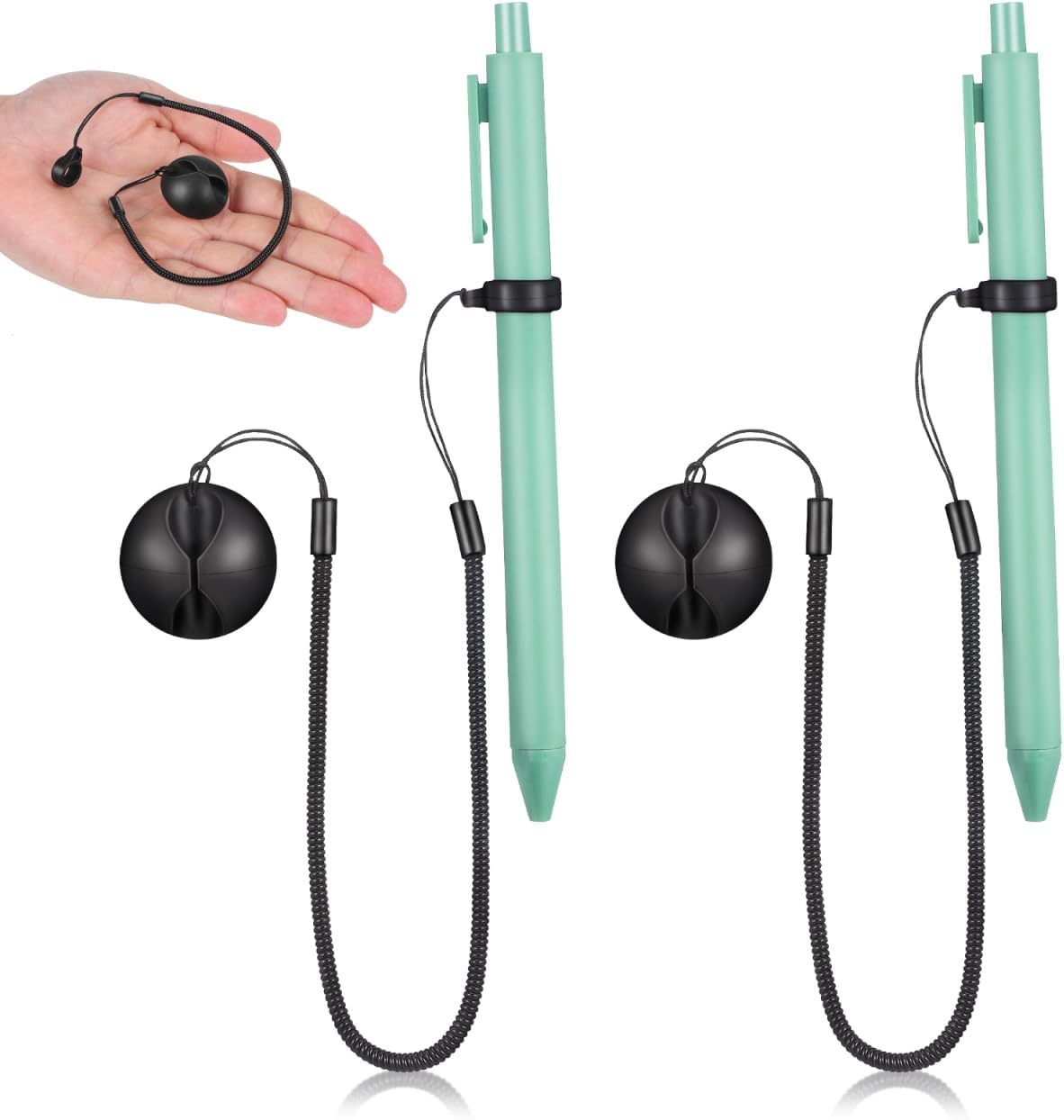 Artibetter 2Pcs 2-Pack Coiled Pen Tether with Adhesive Silicone Base, 12" Spring Rope Anti-Lost Leash with 8mm Silicone Ring for Clipboards, Retail Counters, Tablets, and Stylus Pens (Black)