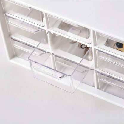 Small Drawer Organizer for Desk, 7.1" x 3. 8" x 4.6" Mini Desktop Drawer Organizer with 9 Clear Drawers, Plastic Desktop Craft Storage Box for Desk Office School Home (White)