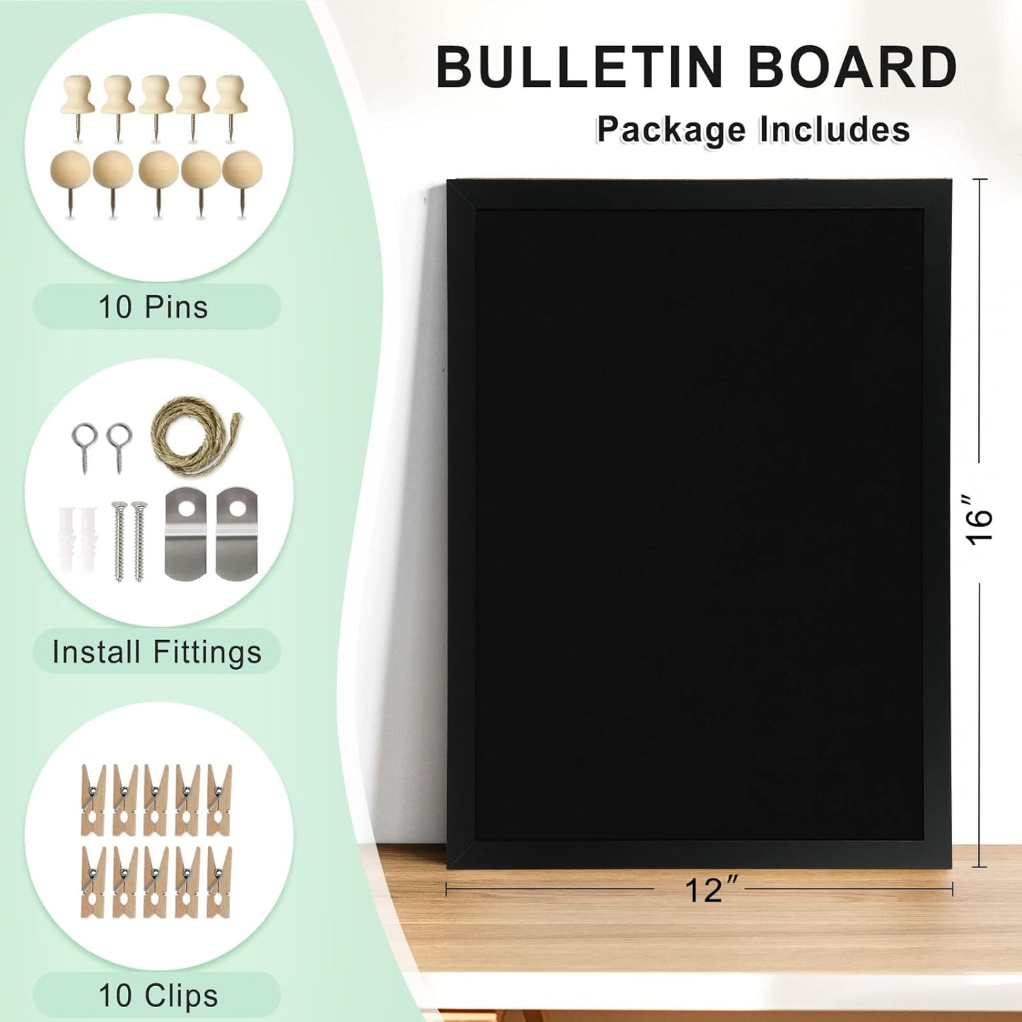 DOLLAR BOSS Bulletin Boards with Linen 1-Pack 16''X 12'' Double-Sided Cork Board for Walls Wood Framed Bulletin Boards, Small Pin Board for Home Kitchen Office Decorative Hanging 10 Pushpins