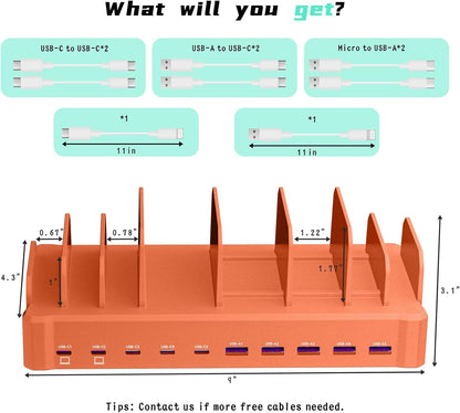 420W Charging Station for Multiple Devices, Zobirez 10-Port USB C Fast Charger Stations for MacBook, iPhone, Android Cell Phone, iPad, Tablet, Family Multi-Device Organizer Charging Dock, White