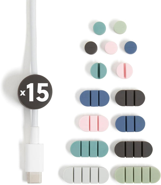 U Brands Tech Classics Silicone Cable Organizer Clips 15 Pack, Cord Management Clips in Assorted Colors, Adhesive Cable Holders for Desk, Office, and Travel Organization