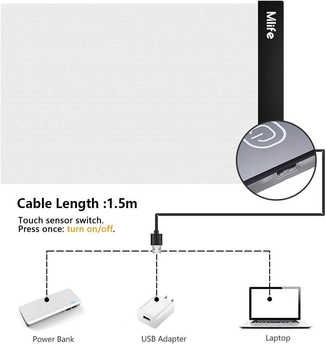 Mlife A2 LED Light Pad for Diamond Painting Kits, Diamond Art Light Board, USB Powered Tracing Light Board Diamond Art Accessories for Drawing, Sketching, Animation with Stand & 4 Fasten Clips