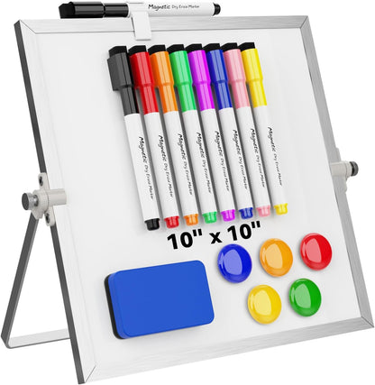 Dry Erase White Board, Cazeyoo Magnetic Desktop Whiteboard 16 x 12inch with Stand, 10 Markers, 4 Magnets and 1 Eraser, Portable Double-Sided White Board for Kids Drawing, Office, Home, School