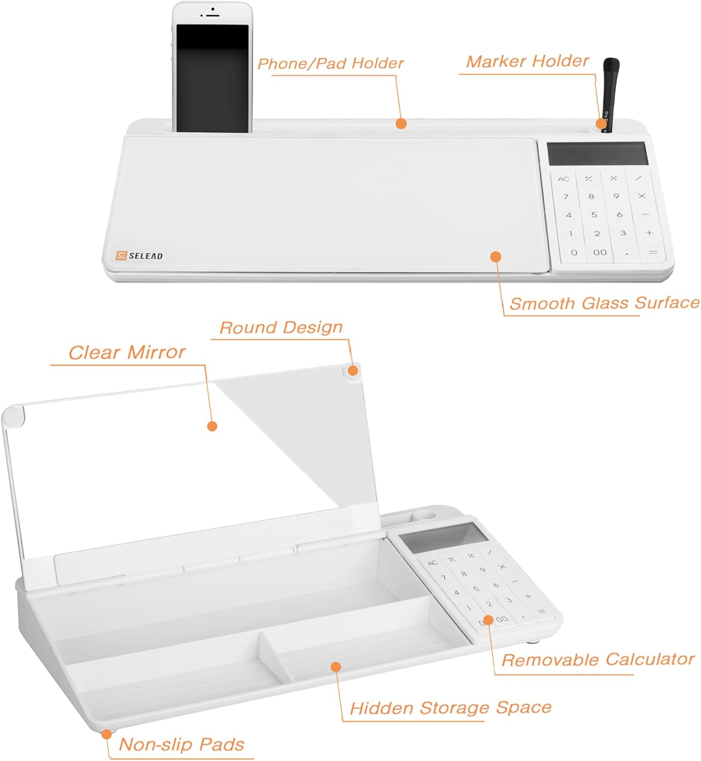 SELEAD Desktop Glass Whiteboard with Wireless Charger Station, Dry Erase Board Computer Pad Keyboard Stand with Organizer for Home, School, Office Desk Accessories, Black