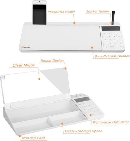SELEAD Desktop Glass Whiteboard with Wireless Charger Station, Dry Erase Board Computer Pad Keyboard Stand with Organizer for Home, School, Office Desk Accessories, Black
