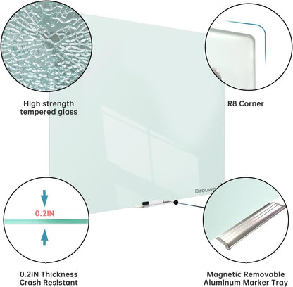 Magnetic Glass Whiteboard - Glass Dry Erase Board 48"x36" Large Frameless Board for Walls Office School and Home