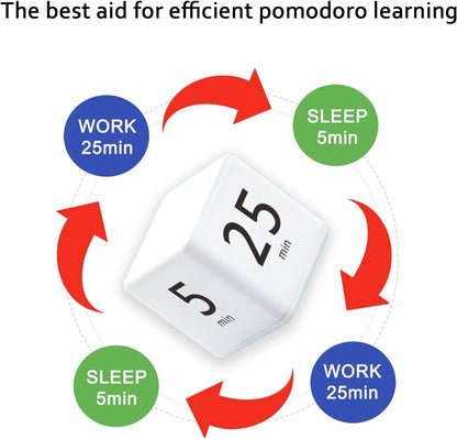 Rotating Pomodoro Timer, 5/25/15/45 Mins Preset, Desk Cube Countdown Flip Productivity Timer for ADHD, Time Management, Classroom, Workout, Kitchen, Cooking, Study, White