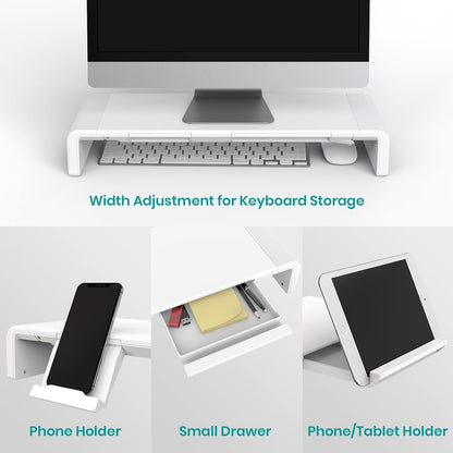 Klearlook Computer Monitor Stand for Desk, Adjustable Foldable Monitor Riser with Storage Drawer & Tablet Phone Holder for Office, Home, Laptop, Desktop (Black)
