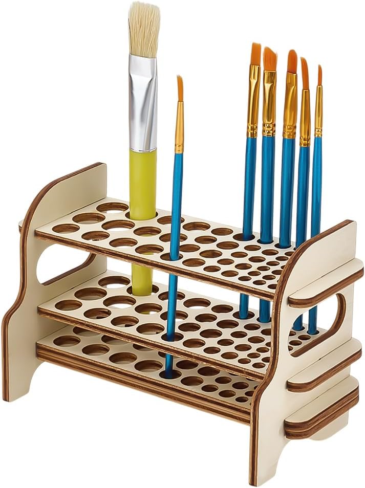 PH PandaHall Wooden Paint Brush Holder, 51 Holes Paint Brush Organizer Rack 2-Tier Desktop Artist Brushes Storage Stand for Painting Brush, Pens, Pencils, Art Craft, 7x3x4.3inch