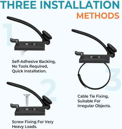 Kanemc Cable Clips Management Kit, 15 Cable Holder With Silicone Cord Ties, 15 Nylon Zip Tie, Extra 15 Screws & 8 Adjustable Cable Straps For Workspace Organizers Computer TV Under Desk Wire Setup