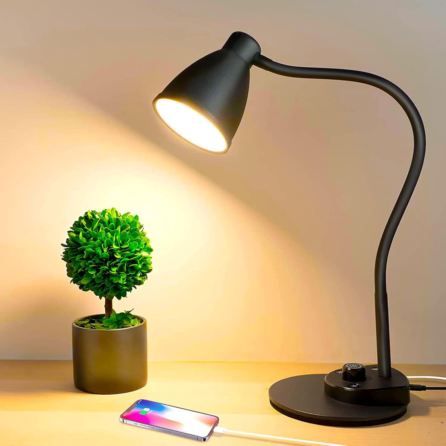 BOHON LED Desk Lamp with USB Charging Port, 3 Color Modes Dimmable Reading Lamp, Auto Dimming Task Lamp, Flexible Neck Table Light for Dorm Bedside, Adapter Include, White
