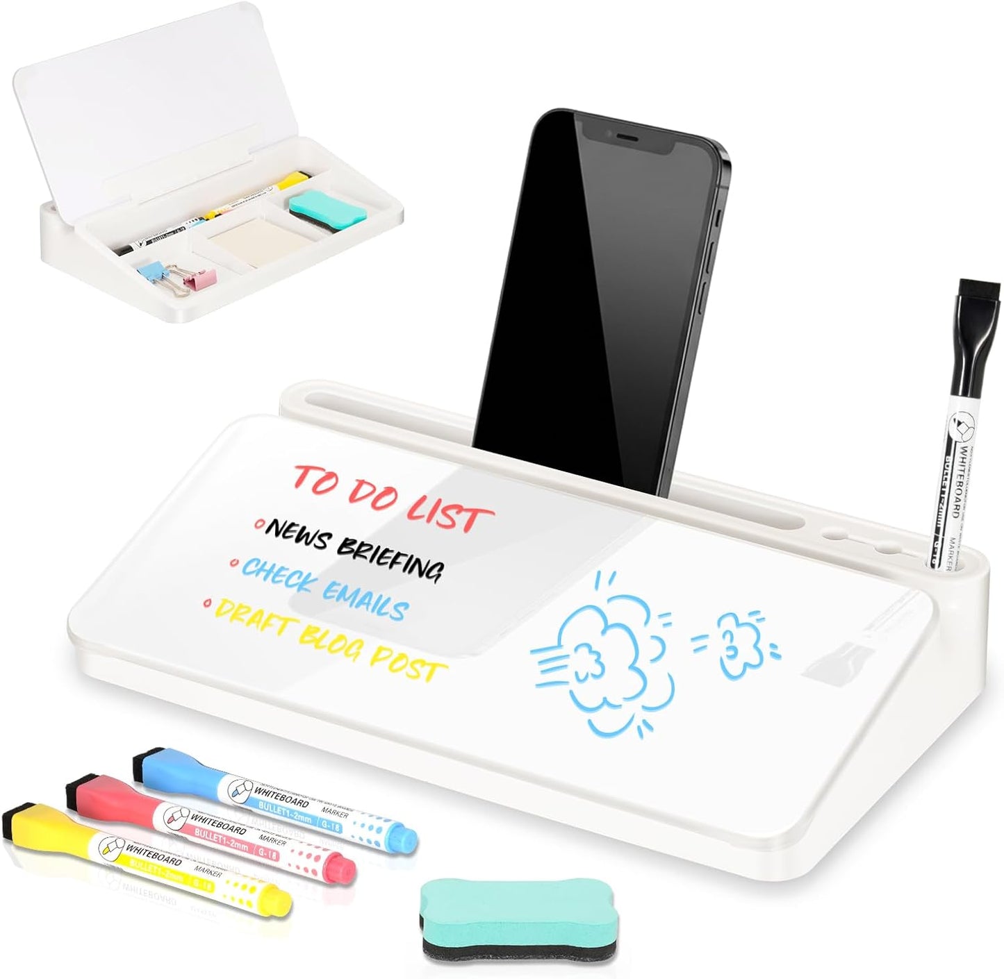 DOLLAR BOSS Glass Desk Whiteboard Calendar Small Dry Erase Board Desktop White Board with Storage Drawer Computer Keyboard Stand Desk Organizer, Colorful Weekly Calendar, Black