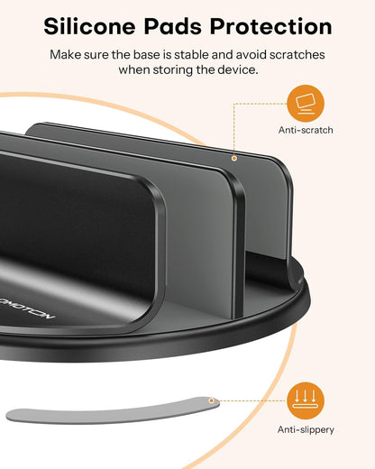 OMOTON VL04 360° Rotating Vertical Laptop Stand Holder, Aluminum Dual-Slot Desk Organizer for MacBook & iPad, Sides Knob Adjustment (No Lost Screws), Holds Laptop, Tablet & Keyboard, Fits up to 17.3"