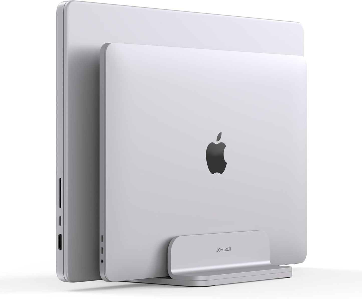 JOKItech Dual Aluminum Vertical Laptop Stand Organizer, Sturdy Notebook Computer Holder Stand Compatible with New Liquid Retina XDR Apple MacBook Air/Pro/Neo, Mac mini, Apple TV & iPad Pro - Spacegray