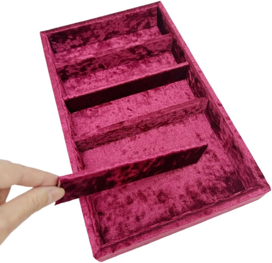 AgentMoon 5-Compartment Velvet Sunglasses & Jewelry Organizer Tray – Adjustable Dividers, Sturdy Wood, Non-Slip Storage for Watches, Glasses, Bracelets, Desk or Drawer.(Tabby Red)