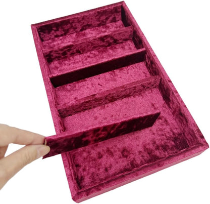 AgentMoon 5-Compartment Velvet Sunglasses & Jewelry Organizer Tray – Adjustable Dividers, Sturdy Wood, Non-Slip Storage for Watches, Glasses, Bracelets, Desk or Drawer.(Tabby Red)