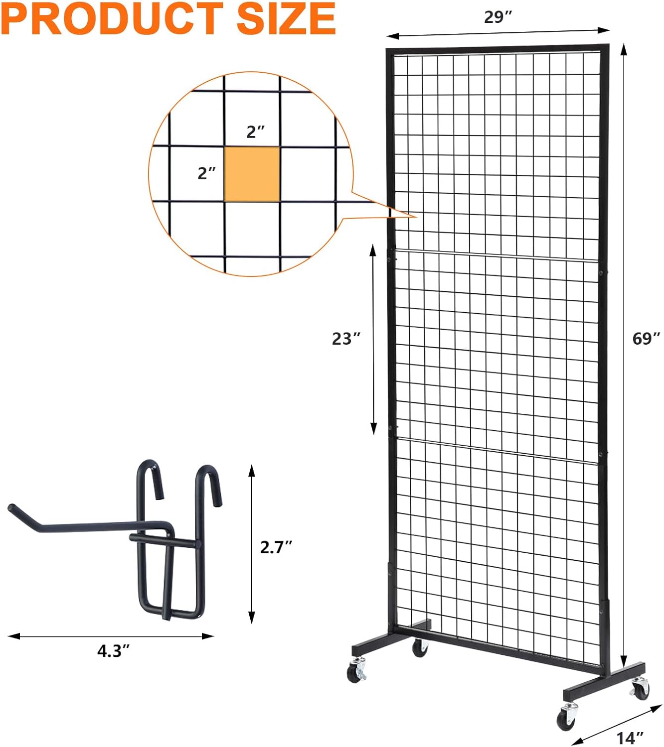 Eastern Tree 1 Pack 2.5'x 6' Three Pieces Grid Wall Panels Stand with T-Base, Black Wire Grid Wall Rack with Wheels, Craft Display Rack, Retail Display, Art Display, Extra More 10 Pieces Hooks