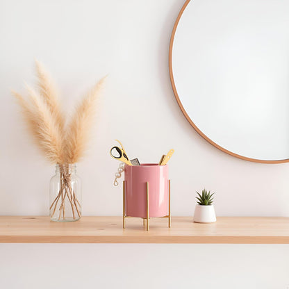 Gold Pencil Cup Sturdy Metal Frame With White Ceramic Pen Holder For Desks and kitchen Appliance Holders