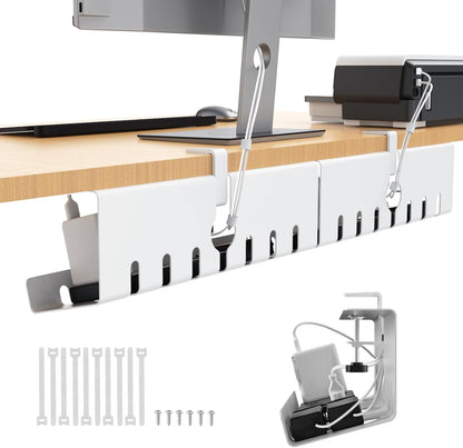 Syeeiex 17" Under Desk Cable Management Tray, No-Drill C-Clamp & Screw Mount, Heavy Duty Metal Cord Organizer with Cable Ties, for Office Home Workspace, Black