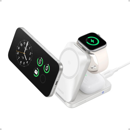Anker Prime 3-in-1 Charging Station, AirCool Wireless Charger, 25W Qi2.2-Certified Palm-Sized Foldable MagSafe Charger Compatible with iPhone 17, Apple Watch, AirPods (Non-Battery, with Adapter)