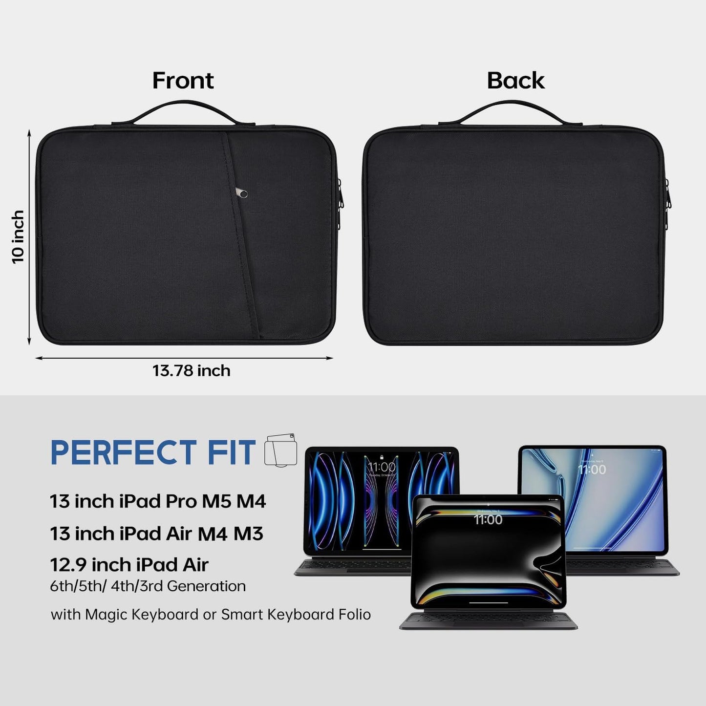 13 inch iPad Pro Case, Padded Travel Carrying Sleeve for iPad Pro 13-in M5 M4 & iPad Air 13-in M2 M3 M4(2026) w/Magic Keyboard, Water-Resistant Shockproof iPad Soft Bag Cover Accessory Pocket -Black