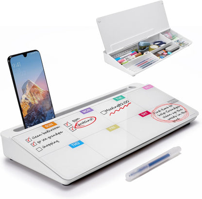 TSJ OFFICE Small Desktop Whiteboard -Glass Dry Erase Board Computer Keyboard Stand White Board Surface Pad with Drawer, Desk Organizers with Accessories for Office, Home, School Supplies - White